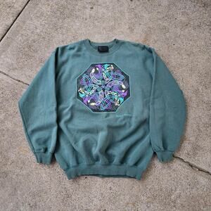 Vtg 90s KELTIC DESIGNS Birds of Rhiannon Graphic Art Crewneck Sweatshirt Med